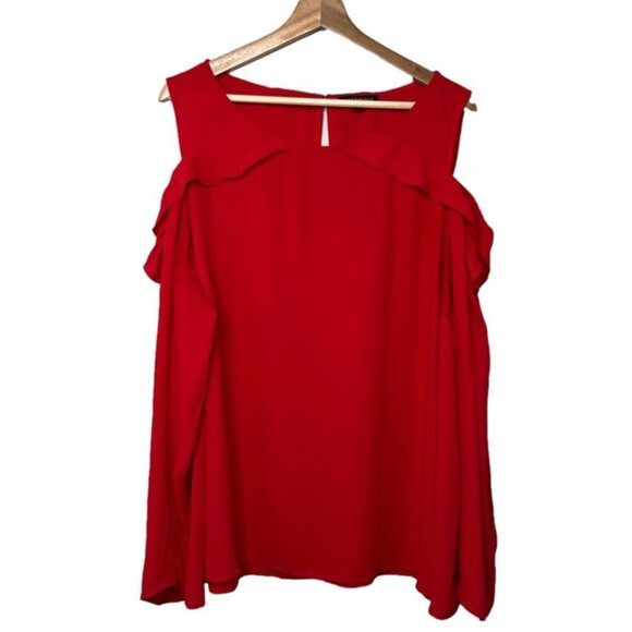 Lane Bryant Womens Size 20 Cold Shoulder Blouse Red Ruffle Long Sleeve Shirt - Picture 1 of 9
